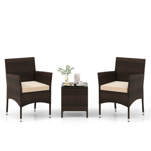 Load image into Gallery viewer, 3 Pieces Outdoor Conversation Set with Cushioned Seat and Glass Tabletop-Beige
