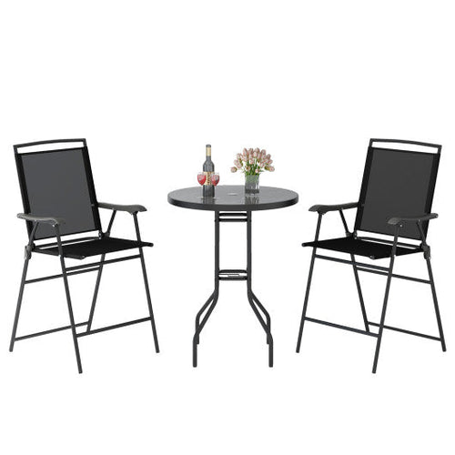 Load image into Gallery viewer, 3 Pieces Outdoor Bar Stool Set with DPC Tabletop and Umbrella Hole for Poolside-Black
