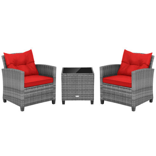 Load image into Gallery viewer, 3 Pieces Outdoor Wicker Conversation Set with Tempered Glass Tabletop-Red
