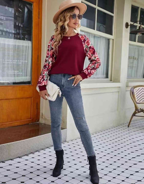Load image into Gallery viewer, Floral Raglan Sleeve Round Neck Sweatshirt
