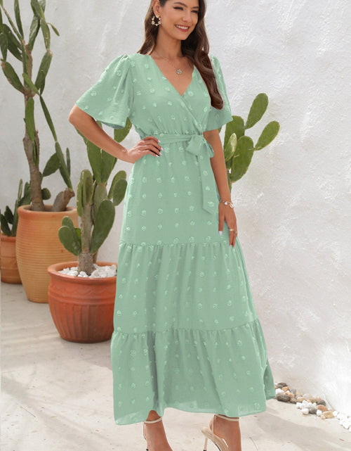 Load image into Gallery viewer, Swiss Dot Tied Surplice Short Sleeve Dress
