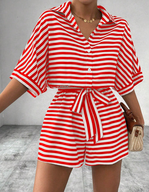 Load image into Gallery viewer, Tie Waist Half Button Striped Romper
