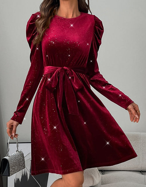 Load image into Gallery viewer, Glitter Round Neck Puff Sleeve Dress

