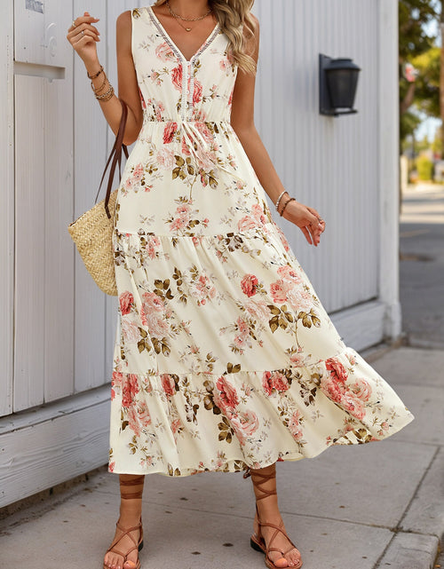 Load image into Gallery viewer, Printed Ruffled Hem V-Neck Sleeveless Dress
