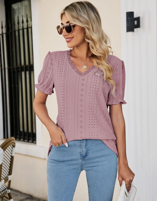 Load image into Gallery viewer, Eyelet Flounce Sleeve Scalloped V-Neck Top
