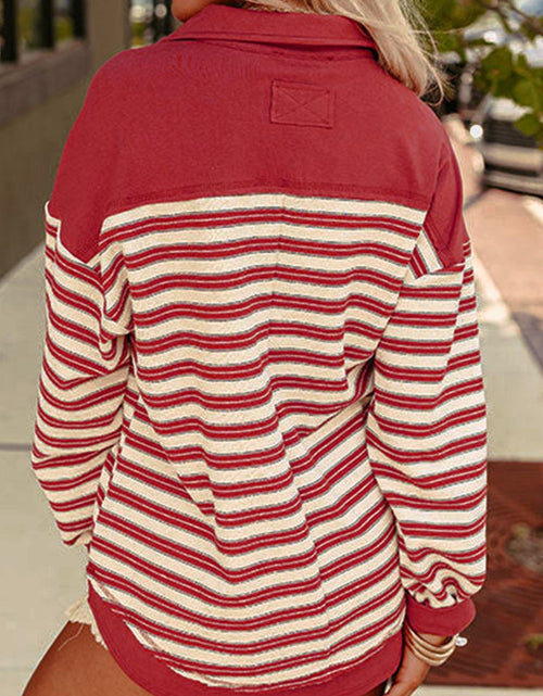 Load image into Gallery viewer, Stripe Johnny Collar Drop Shoulder Sweatshirt
