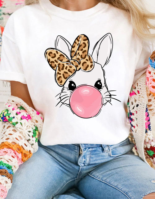 Load image into Gallery viewer, Leopard Bow Rabbit Graphic Round Neck Short Sleeve T-Shirt
