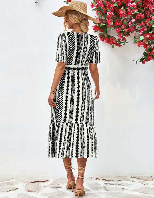 Load image into Gallery viewer, Striped Tie Belt Round Neck Puff Sleeve Dress
