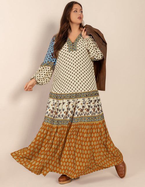 Load image into Gallery viewer, Plus Size Printed V-Neck Balloon Sleeve Maxi Dress
