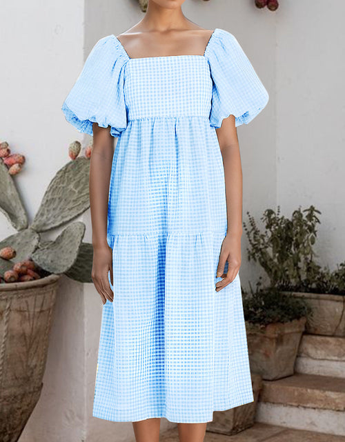 Load image into Gallery viewer, Plaid Square Neck Short Sleeve Dress
