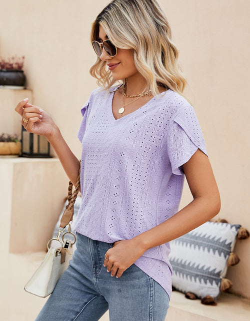 Load image into Gallery viewer, Eyelet Petal Sleeve V-Neck Knit Top
