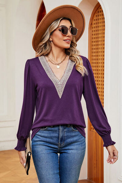 Load image into Gallery viewer, Lace Detail V-Neck Lantern Sleeve T-Shirt
