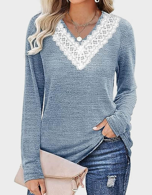 Load image into Gallery viewer, Lace Detail V-Neck Long Sleeve T-Shirt
