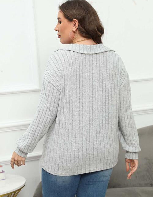 Load image into Gallery viewer, Plus Size Ribbed Collared Neck Long Sleeve Blouse
