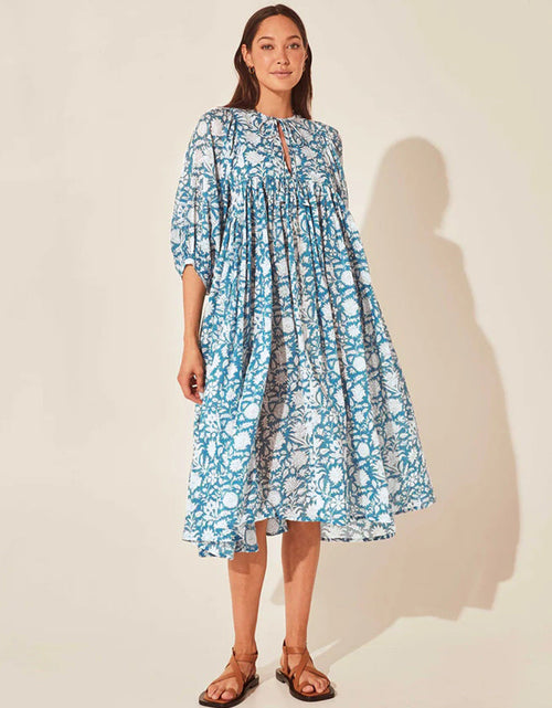 Load image into Gallery viewer, Floral Tie Neck Lantern Sleeve Dress
