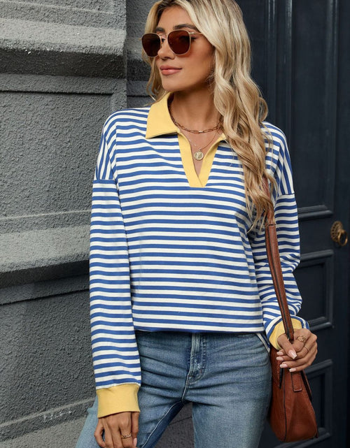 Load image into Gallery viewer, Striped Johnny Collar Long Sleeve Sweatshirt
