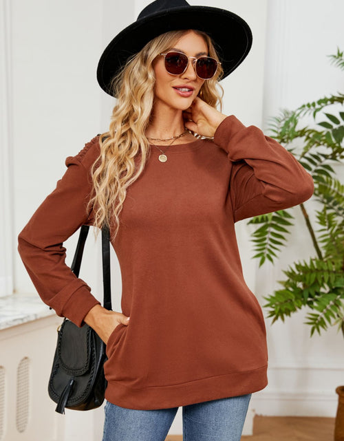 Load image into Gallery viewer, Ruched Shoulder Round Neck Long Sleeve Sweatshirt
