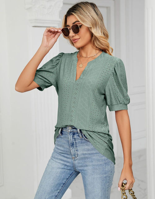 Load image into Gallery viewer, Eyelet Short Puff Sleeve Notched Neck Top
