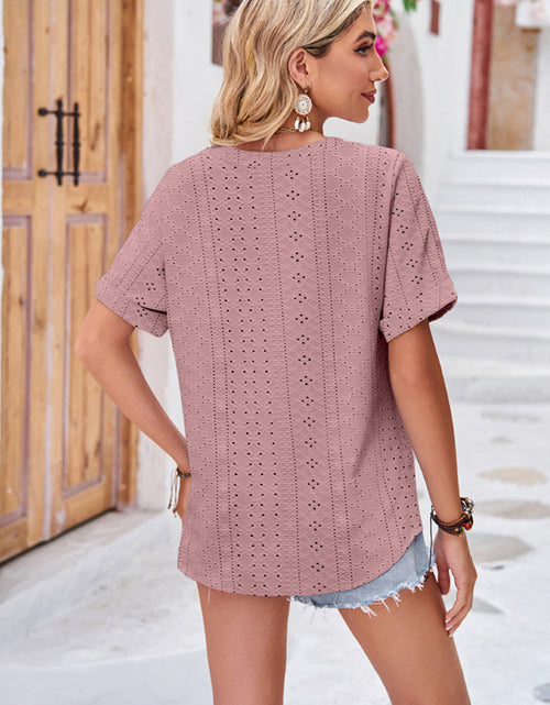 Load image into Gallery viewer, Buttoned Notched Neck Eyelet Top
