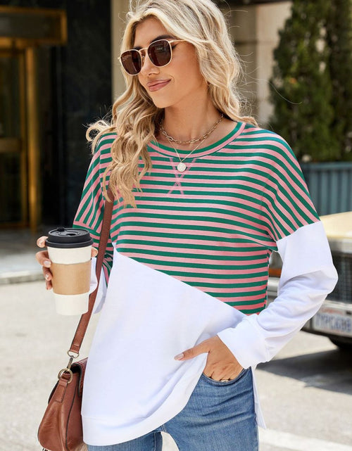 Load image into Gallery viewer, Slit Contrast Striped Long Sleeve Sweatshirt
