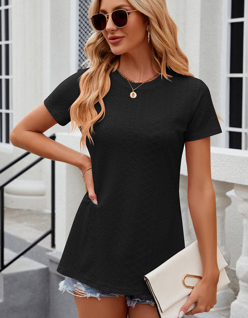 Load image into Gallery viewer, Eyelet Slit Round Neck Short Sleeve T-Shirt

