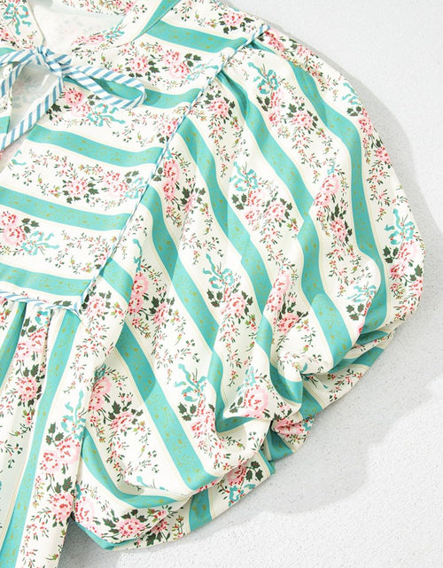 Load image into Gallery viewer, Striped Floral Print Tie Neck Puff Sleeve Midi Dress
