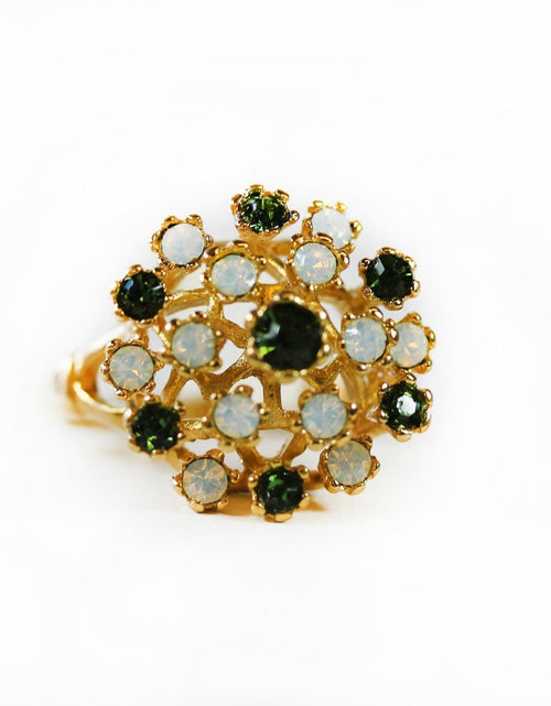 Load image into Gallery viewer, Vintage Ring Ruby Austrian Crystals and Pinfire Opals 18k White Gold Electroplate Made in the USA by PVD Vintage Jewelry
