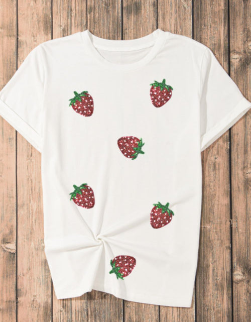 Load image into Gallery viewer, Sequin Strawberry Crew Neck Short Sleeve T Shirt
