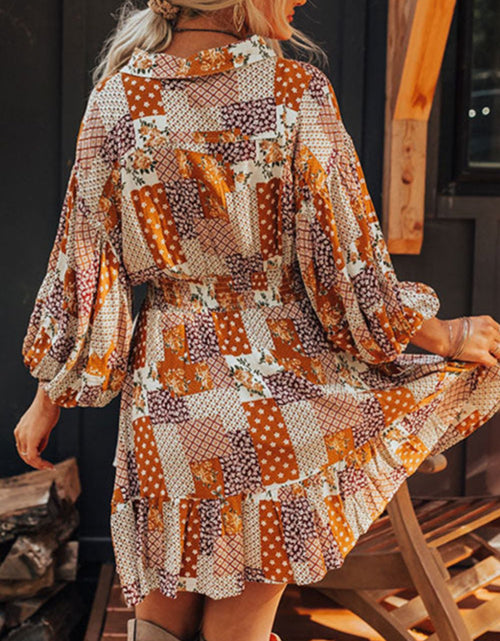 Load image into Gallery viewer, Printed Collared Neck Three-Quarter Sleeve Mini Shirt Dress
