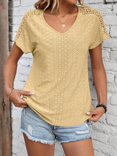 Load image into Gallery viewer, Eyelet V-Neck Short Sleeve T-Shirt
