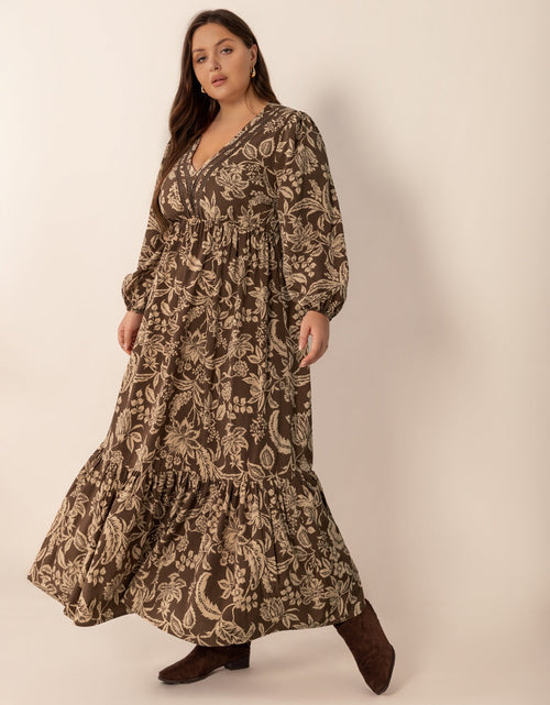 Load image into Gallery viewer, Plus Size Printed V-Neck Balloon Sleeve Maxi Dress
