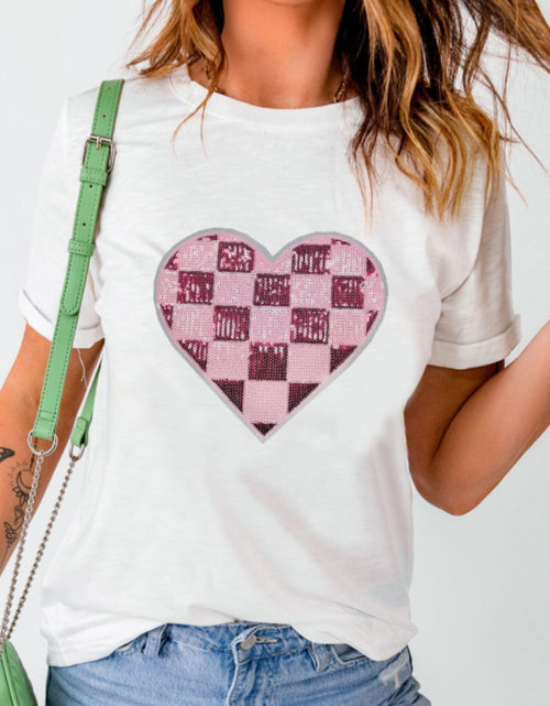 Load image into Gallery viewer, Sequin Checkered Heart Round Neck Short Sleeve T-Shirt
