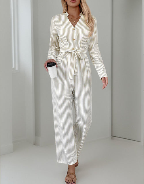 Load image into Gallery viewer, Striped Notched Long Sleeve Tie Waist Jumpsuit
