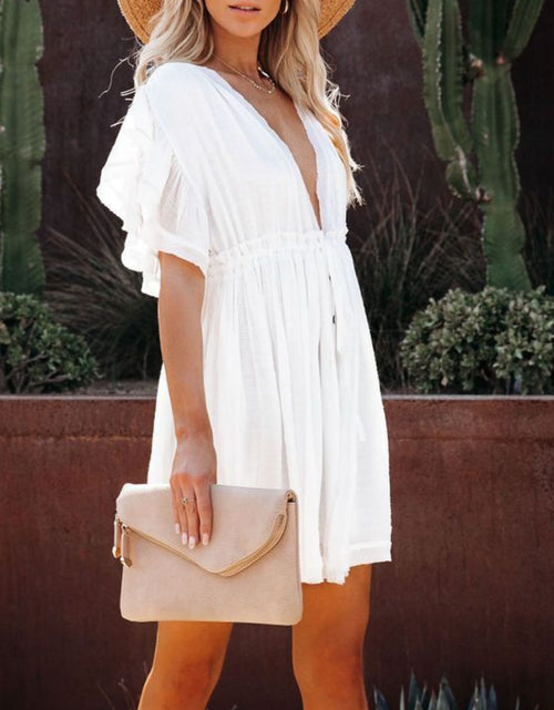Load image into Gallery viewer, Drawstring Ruffled Half Sleeve Mini Dress
