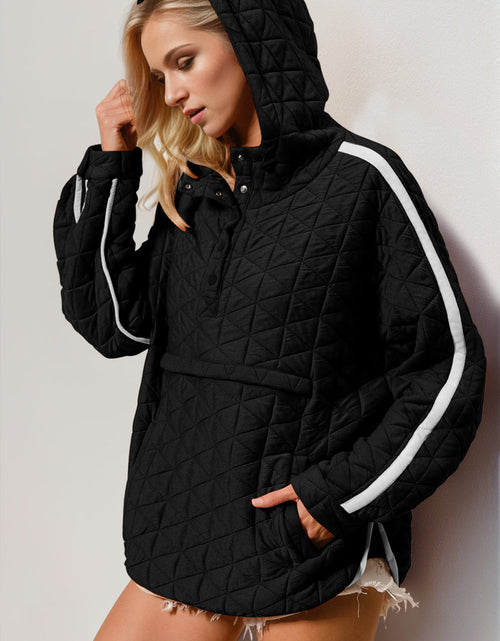 Load image into Gallery viewer, Double Take Contrast Trim Long Sleeve Half Snap Texture Hoodie with Pocket
