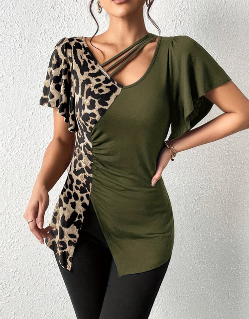 Load image into Gallery viewer, Ruched Leopard Flutter Sleeve T-Shirt
