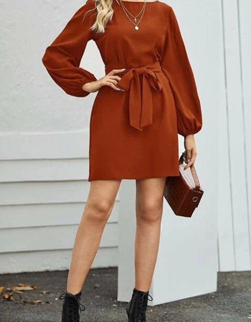 Load image into Gallery viewer, Tied Boat Neck Balloon Sleeve Mini Dress
