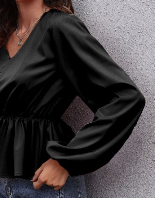 Load image into Gallery viewer, V-Neck Balloon Sleeve Peplum Blouse
