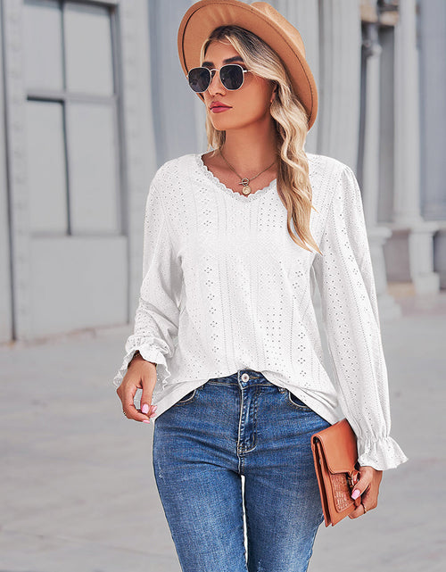 Load image into Gallery viewer, Eyelet V-Neck Flounce Sleeve Blouse
