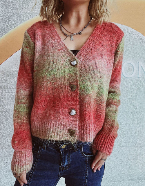 Load image into Gallery viewer, Gradient Heart Shape Button V-Neck Cardigan
