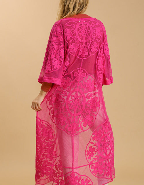 Load image into Gallery viewer, Umgee Full Size Floral Lace Open Front Long Kimono with Waist Tie Plus Size
