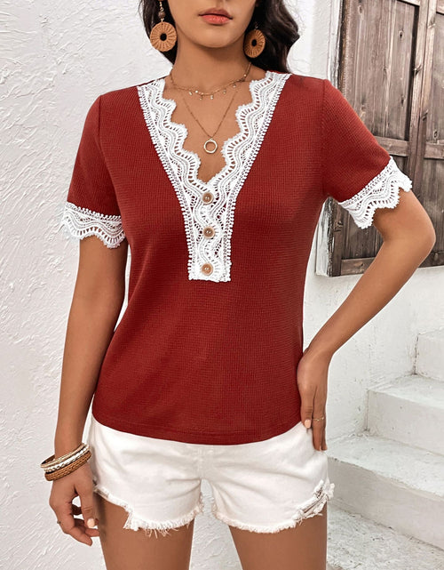 Load image into Gallery viewer, Ivy Lane Decorative Button Spliced Lace Short Sleeve Top
