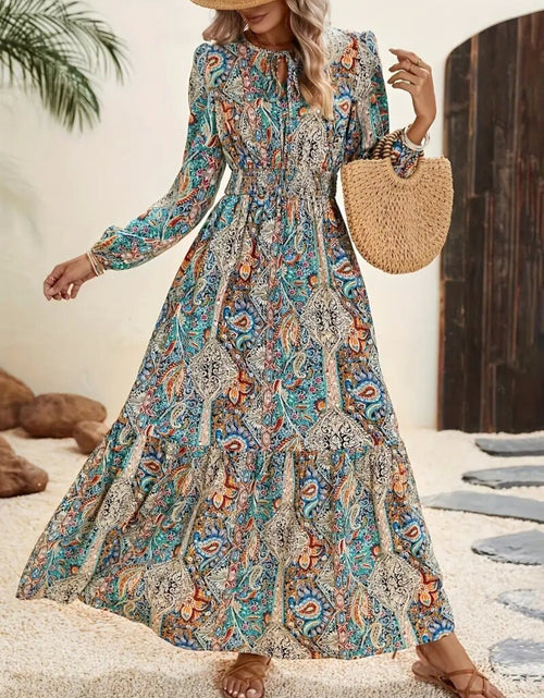 Load image into Gallery viewer, Printed Tie Neck Long Sleeve Maxi Dress

