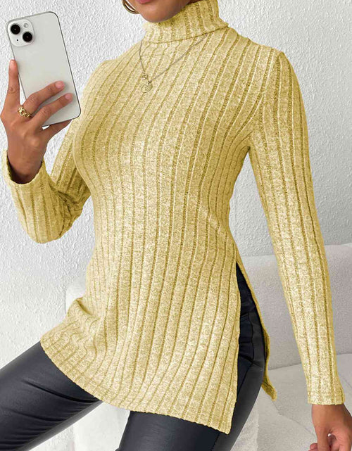 Load image into Gallery viewer, Ribbed Turtleneck Long Sleeve Slit T-Shirt
