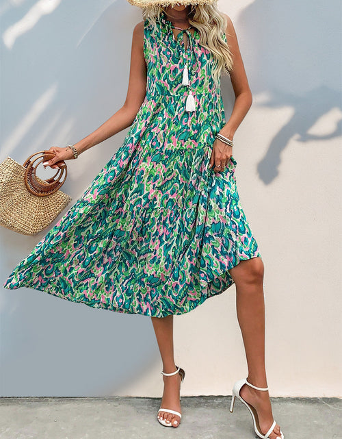 Load image into Gallery viewer, Perfee Tassel Printed Tie Neck Sleeveless Dress
