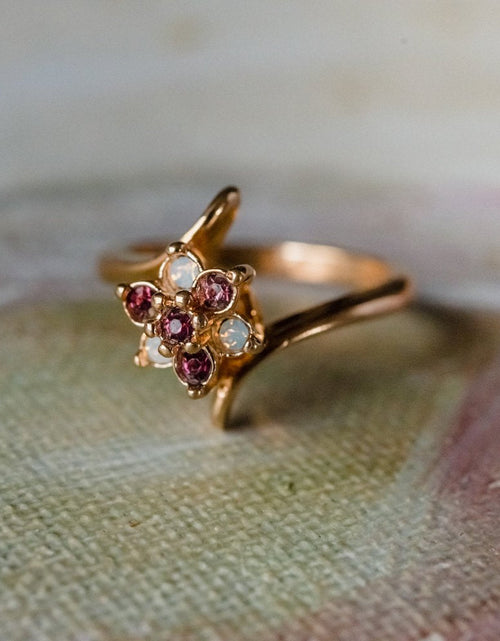 Load image into Gallery viewer, Vintage 1970's Amethyst Crystal and Genuine Pinfire Opal Ring 18kt Yellow Gold Electroplated Ring by PVD Vintage Jewelry

