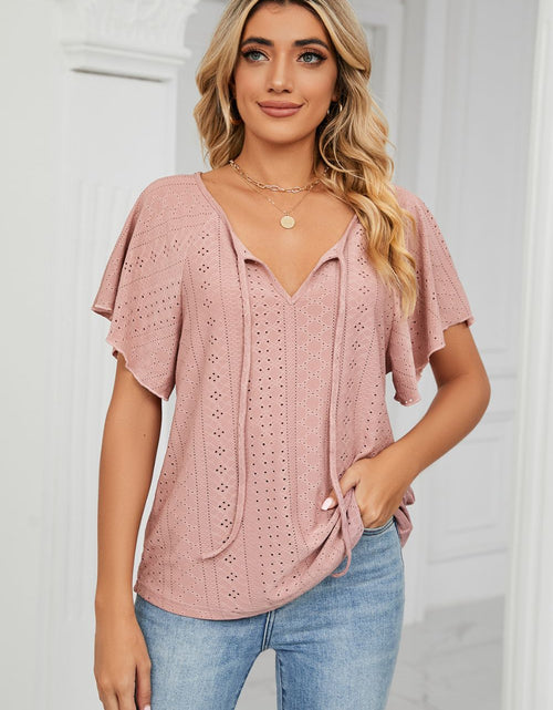 Load image into Gallery viewer, Eyelet Tie-Neck Flutter Sleeve Top
