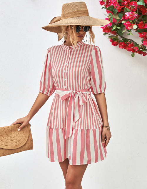 Load image into Gallery viewer, Striped Half Sleeve Tie Waist Mini Dress
