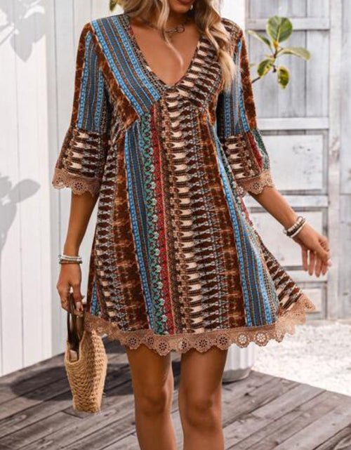 Load image into Gallery viewer, Lace Trim Printed V-Neck 3/4 Sleeve Dress
