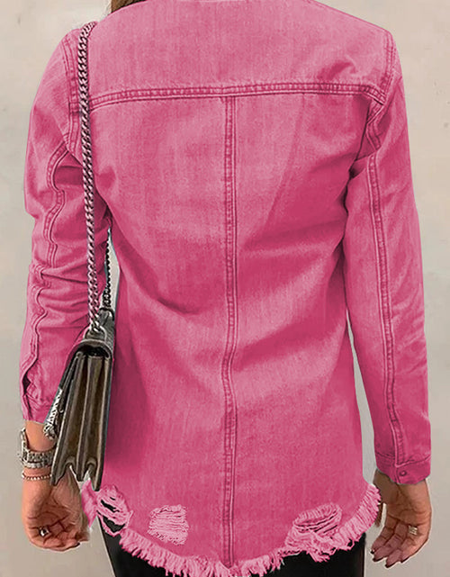 Load image into Gallery viewer, Distressed Raw Hem Snap Down Denim Jacket
